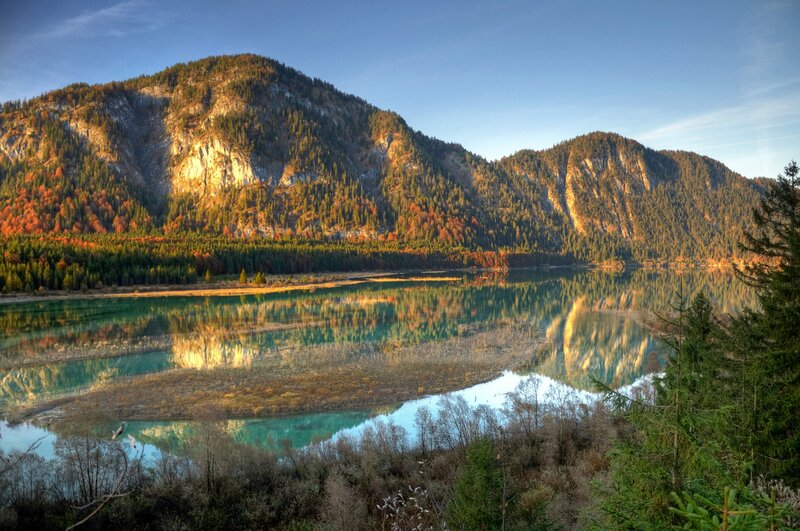 Mountain Lake Reflection — Blue, Serene, Autumn, Photograph, Mountains, Forest, Trees, Green