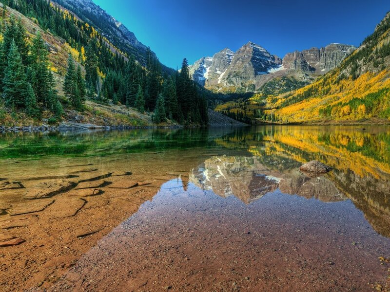 Mountain Lake Reflection — Blue, Serene, Autumn, Photograph, Mountains, Forest, Trees, Rock