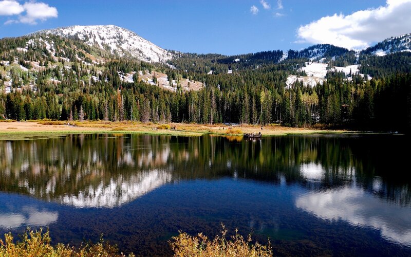 Mountain Lake Reflection — Blue, Serene, Autumn, Photograph, Mountains, Forest, Trees, Sky, Green, White