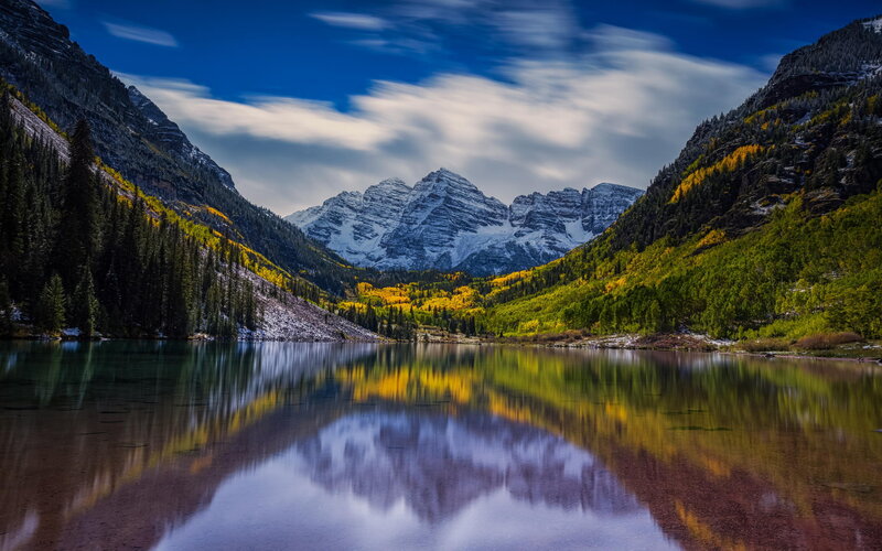 Mountain Lake Reflection — Blue, Serene, Autumn, Photograph, Mountains, Trees, Clouds