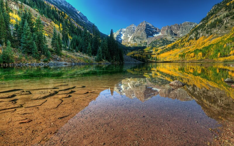 Mountain Lake Reflection — Blue, Serene, Autumn, Photograph, Mountains, Trees, Forest, Green