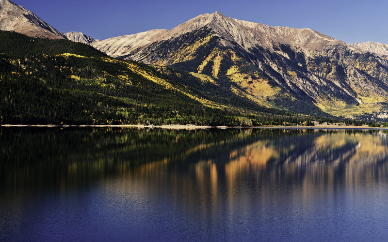 Mountain Lake Reflection — Blue, Serene, Autumn, Photograph, Mountains, Trees, Green, Yellow
