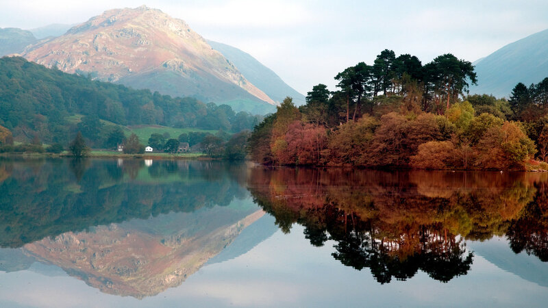 Mountain Lake Reflection — Blue, Serene, Autumn, Photograph, Mountains, Trees, House