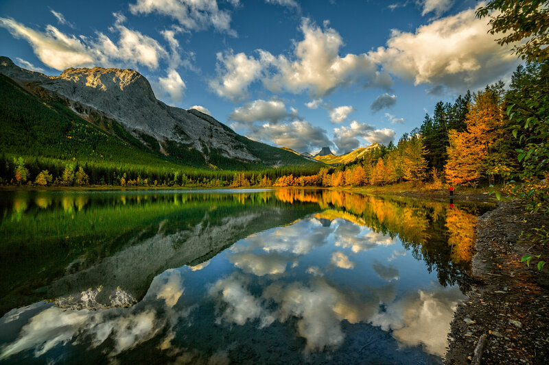 Mountain Lake Reflection — Blue, Serene, Autumn, Photograph, Mountains, Trees, Person