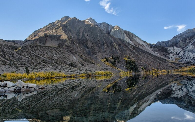 Mountain Lake Reflection — Blue, Serene, Autumn, Photograph, Mountains, Trees, Rocks, Green