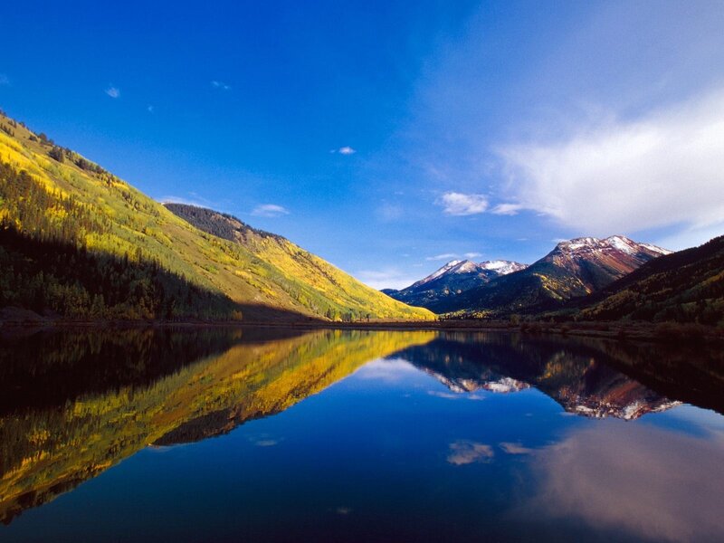 Mountain Lake Reflection — Blue, Serene, Autumn, Photograph, Mountains, Trees, Sky, Yellow
