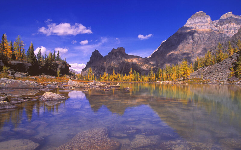 Mountain Lake Reflection — Blue, Serene, Autumn, Photograph, Mountains, Trees