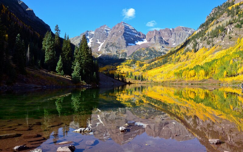 Mountain Lake Reflection — Blue, Serene, Autumn, Photograph, Mountains, Trees, Yellow, Green