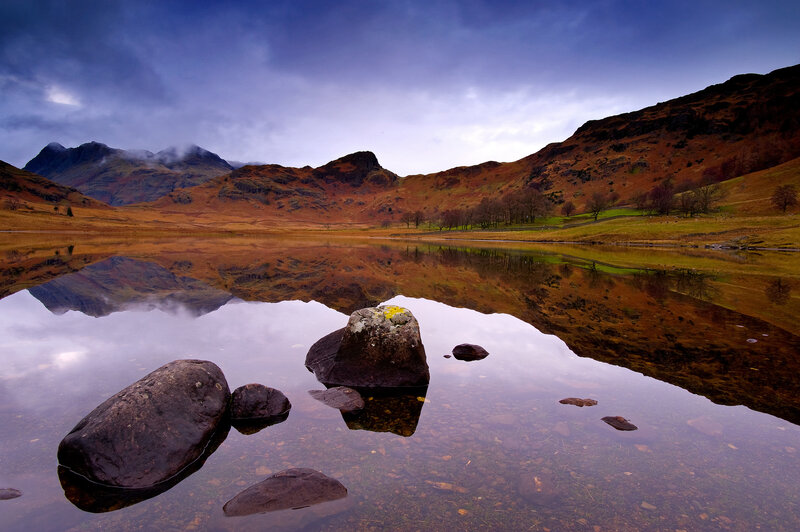 Mountain Lake Reflection — Blue, Serene, Autumn, Photograph, Rocks