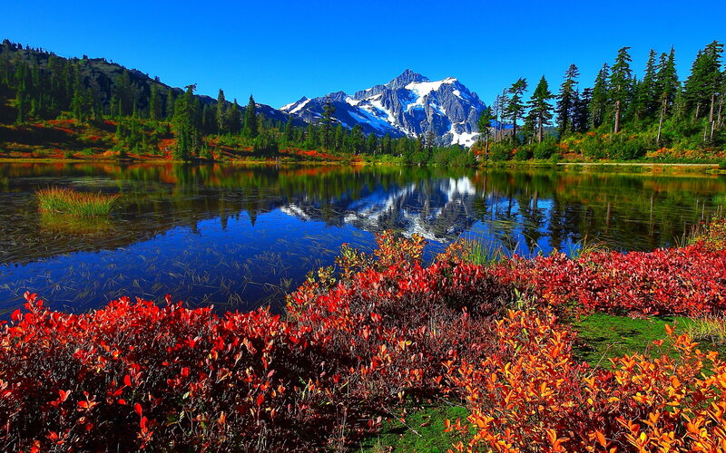 Mountain Lake Reflection — Blue, Serene, Autumn, Photograph, Snow-capped Mountain