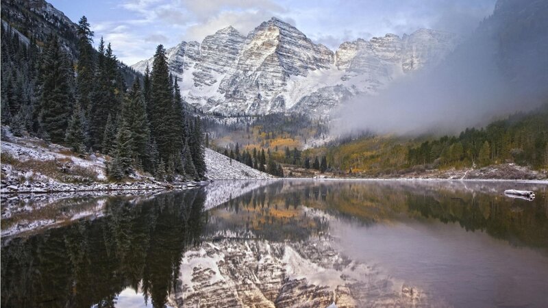 Mountain Lake Reflection — Blue, Serene, Autumn, Photograph, Snow-capped Mountains