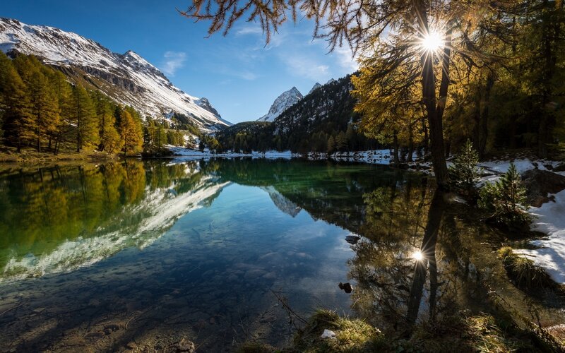 Mountain Lake Reflection — Blue, Serene, Autumn, Photograph, Snow-capped Mountains, Trees, Sunlight