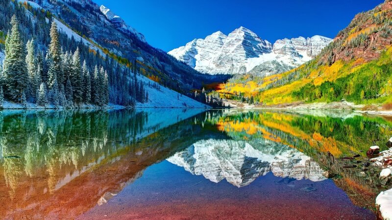 Mountain Lake Reflection — Blue, Serene, Autumn, Photograph, Snow-capped Peaks, Evergreen Trees, Autumn Foliage