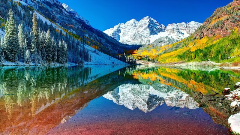 Mountain Lake Reflection — Blue, Serene, Autumn, Photograph, Snow-capped Peaks, Evergreen Trees