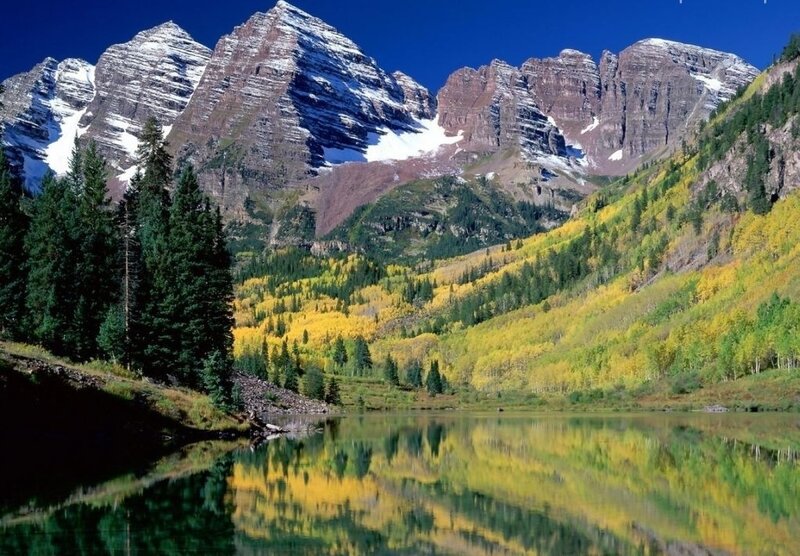 Mountain Lake Reflection — Blue, Serene, Autumn, Photograph, Snow-capped Peaks
