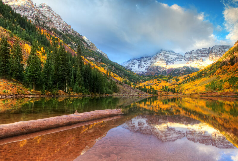 Mountain Lake Reflection — Blue, Serene, Autumn, Photograph