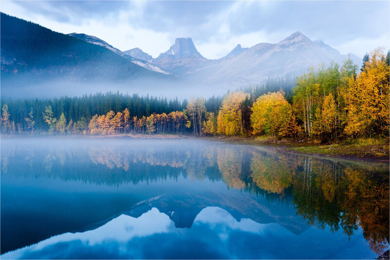 Mountain Lake Reflection — Blue, Serene, Autumn, Photograph, Trees, Fog
