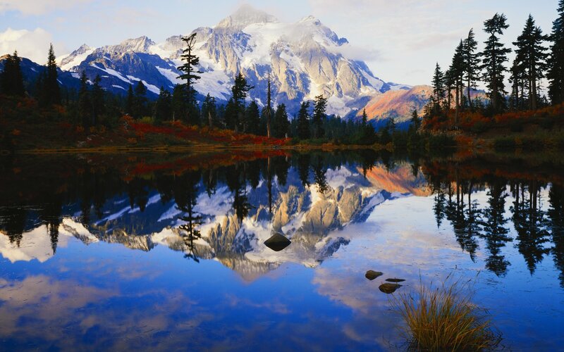 Mountain Lake Reflection — Blue, Serene, Autumn, Photograph, Trees, Forest