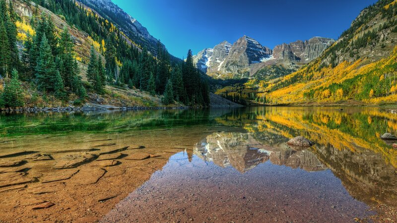 Mountain Lake Reflection — Blue, Serene, Autumn, Photograph, Trees, Mountains, Rock, Green