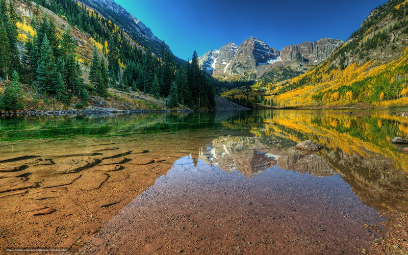 Mountain Lake Reflection — Blue, Serene, Autumn, Photograph, Trees, Mountains, Rock