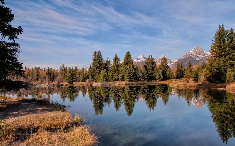 Mountain Lake Reflection — Blue, Serene, Autumn, Photograph, Trees, Mountains, Sky, Green, Brown