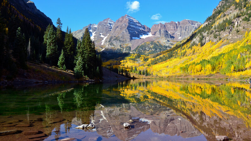 Mountain Lake Reflection — Blue, Serene, Autumn, Photograph, Trees, Mountains, Snow