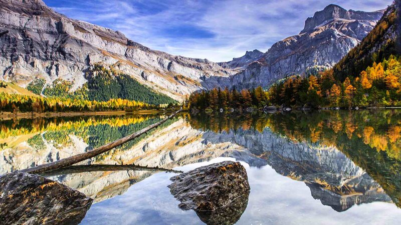 Mountain Lake Reflection — Blue, Serene, Autumn, Photograph, Trees, Rocks