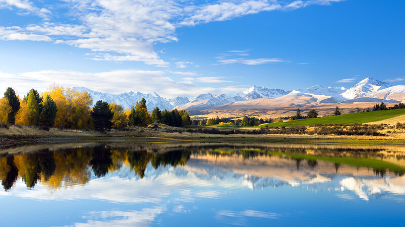 Mountain Lake Reflection — Blue, Serene, Autumn, Photograph, Trees, Snow-capped Mountains, Sky