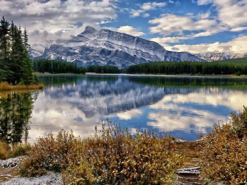 Mountain Lake Reflection — Blue, Serene, Autumn, Photograph, Trees, Snow, Clouds