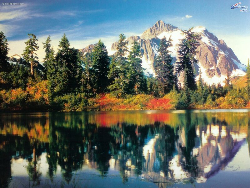 Mountain Lake Reflection — Blue, Serene, Autumn, Photograph, Trees, Snow, Forest