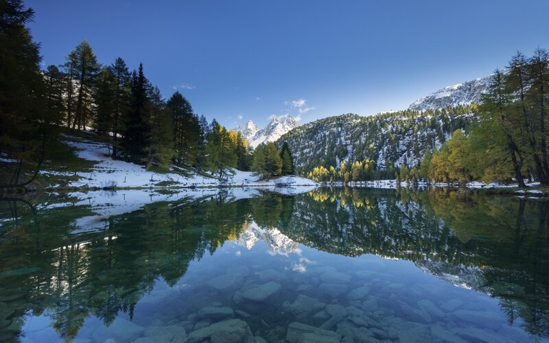 Mountain Lake Reflection — Blue, Serene, Autumn, Photograph, Trees, Snow, Mountains