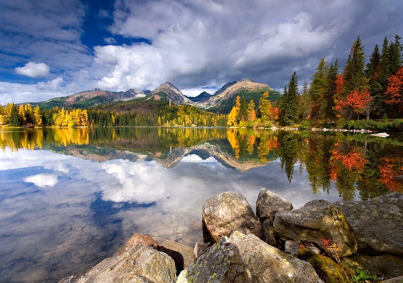 Mountain Lake Reflection — Blue, Serene, Autumn
