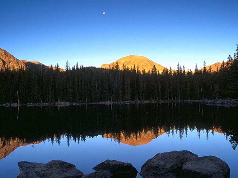 Mountain Lake Reflection — Blue, Serene, Dawn