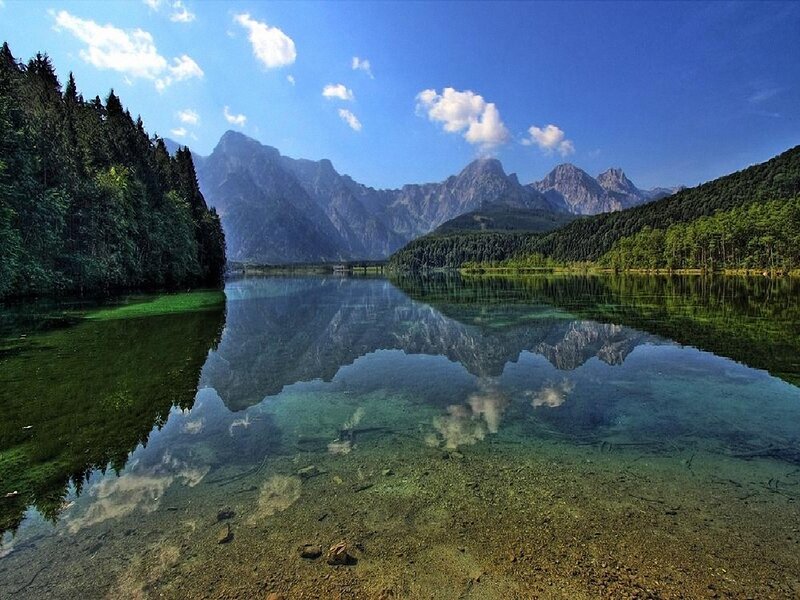 Mountain Lake Reflection — Blue, Serene, Daytime