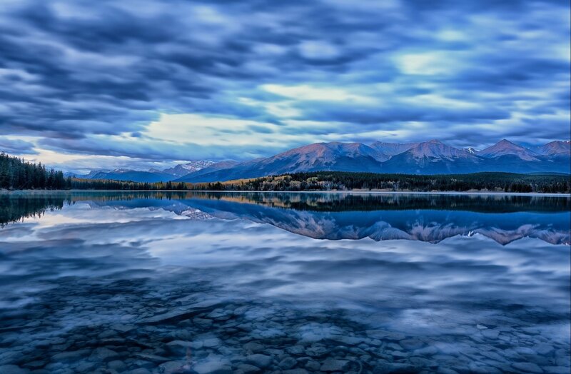 Mountain Lake Reflection — Blue, Serene, Dusk, Photograph, Mountains, Forest, Clouds