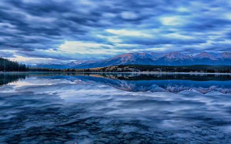Mountain Lake Reflection — Blue, Serene, Dusk, Photograph, Mountains, Forest