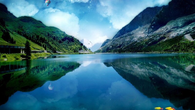Mountain Lake Reflection — Blue, Serene, Morning, Digital Art