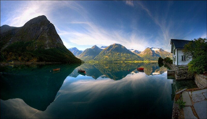 Mountain Lake Reflection — Blue, Serene, Morning, Photograph, Boat, House