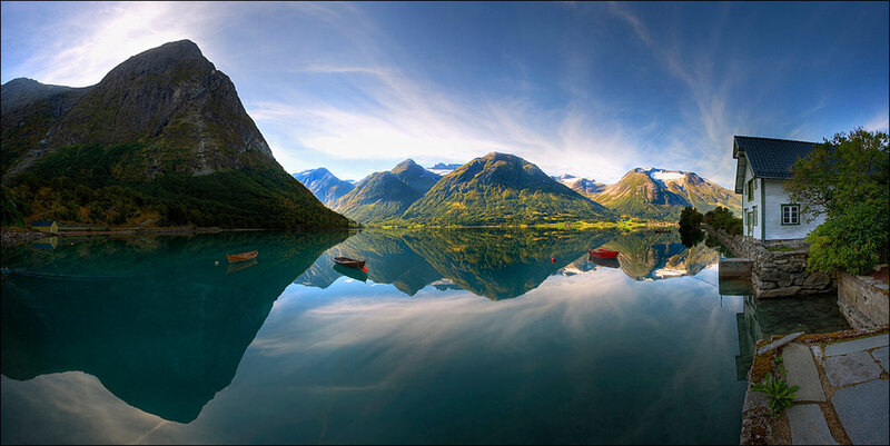 Mountain Lake Reflection — Blue, Serene, Morning, Photograph, Boat, House, Trees
