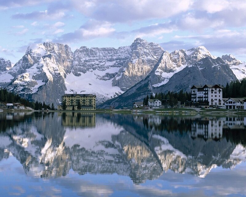 Mountain Lake Reflection — Blue, Serene, Morning, Photograph, Buildings