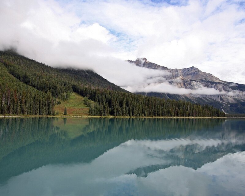 Mountain Lake Reflection — Blue, Serene, Morning, Photograph, Forest, Clouds, Mountains, Green