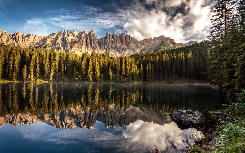 Mountain Lake Reflection — Blue, Serene, Morning, Photograph, Forest, Clouds, Trees
