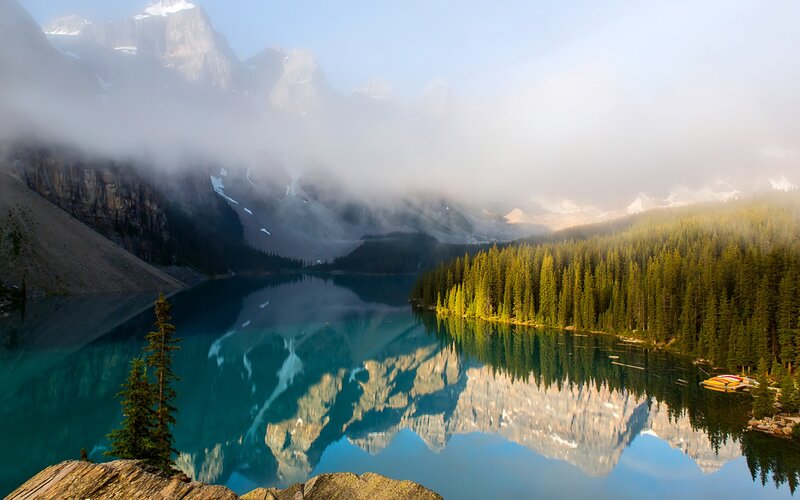 Mountain Lake Reflection — Blue, Serene, Morning, Photograph, Forest, Mountains, Canoe