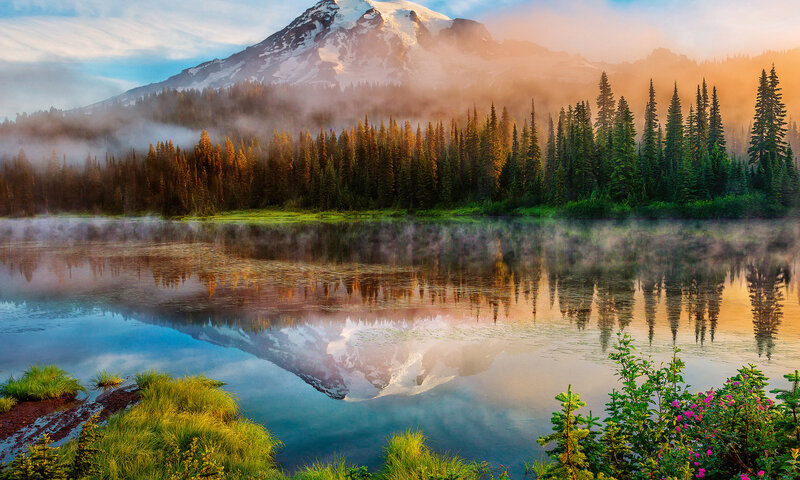 Mountain Lake Reflection — Blue, Serene, Morning, Photograph, Forest, Snow-capped Mountain