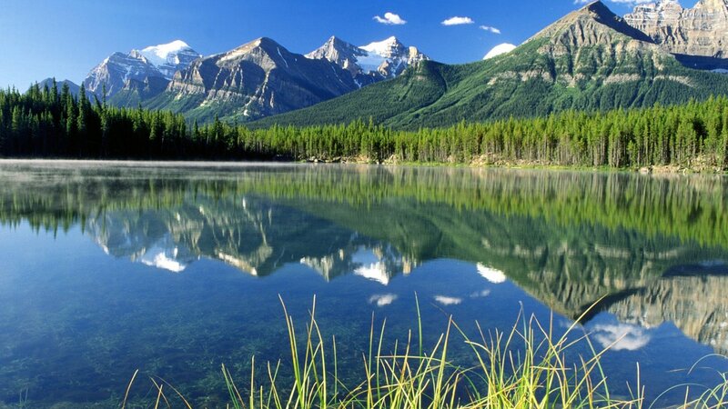 Mountain Lake Reflection — Blue, Serene, Morning, Photograph, Forest, Snow-capped Peaks, Sky