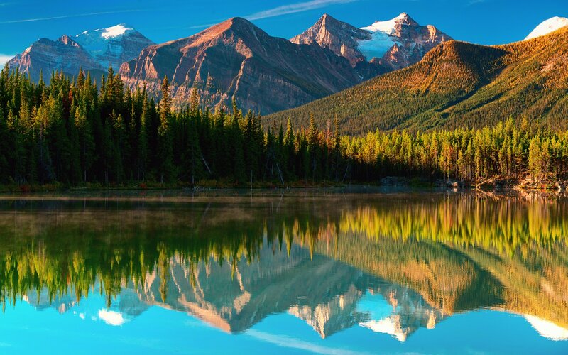 Mountain Lake Reflection — Blue, Serene, Morning, Photograph, Forest, Snow-capped Peaks