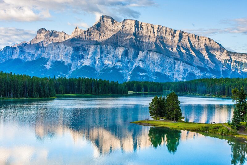 Mountain Lake Reflection — Blue, Serene, Morning, Photograph, Forest, Trees