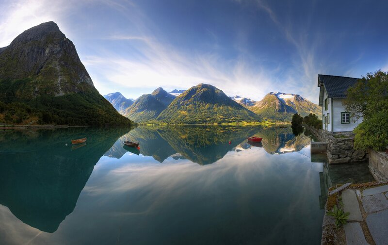 Mountain Lake Reflection — Blue, Serene, Morning, Photograph, Mountains, Boats