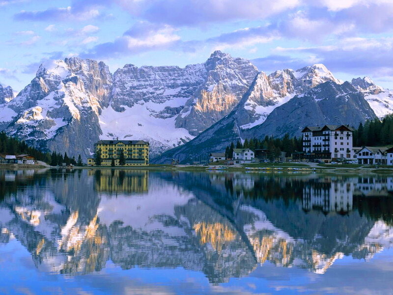 Mountain Lake Reflection — Blue, Serene, Morning, Photograph, Mountains, Buildings