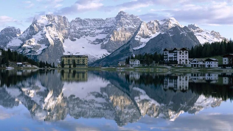 Mountain Lake Reflection — Blue, Serene, Morning, Photograph, Mountains, Buildings, Trees